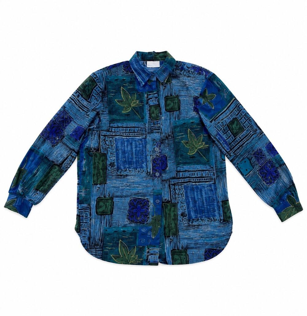 Tropics Women’s Long Sleeve Abstract Blue Button Up Blouse Top Vintage Large